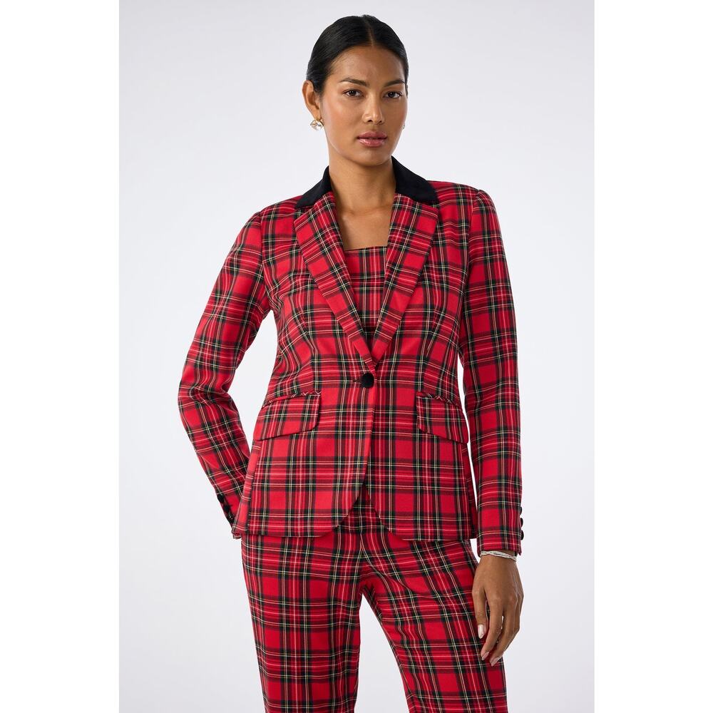 Trina Turk Revolution Tartan Jacket Blazer Can Can Check Plaid Red Black 14 XXL